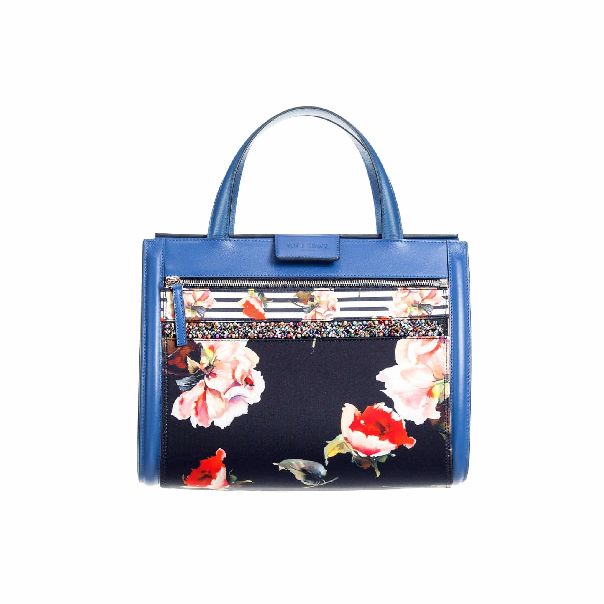 Bolso azul mujer - blue bag with red rose black front- Yoyo Sagal