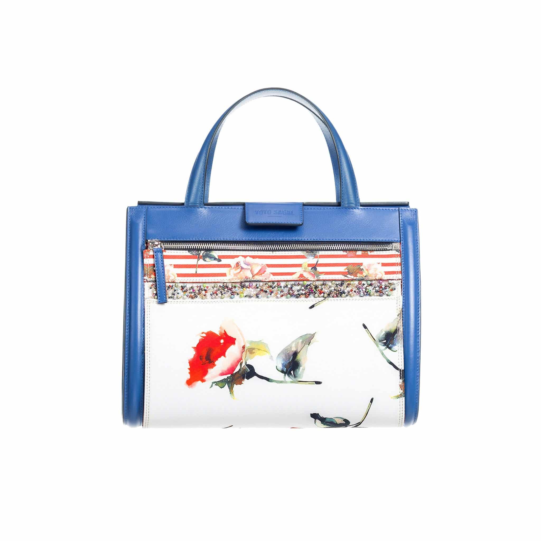 Bolso azul mujer - blue bag with red rose white front- Yoyo Sagal