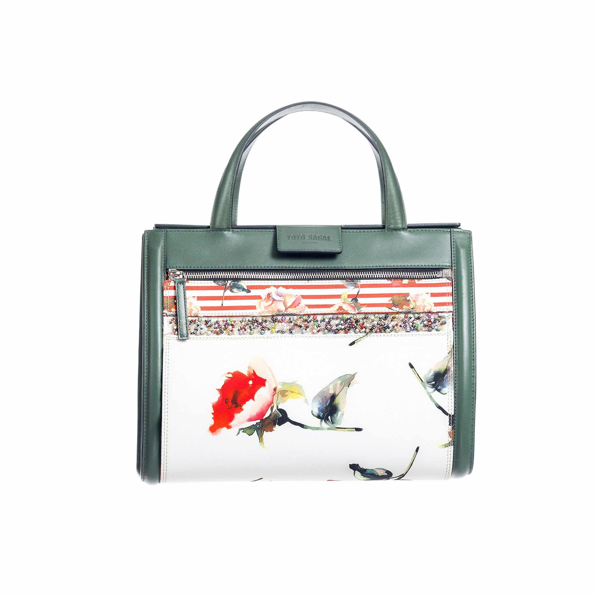 Bolso verde mujer - Green bag with red rose white front- Yoyo Sagal